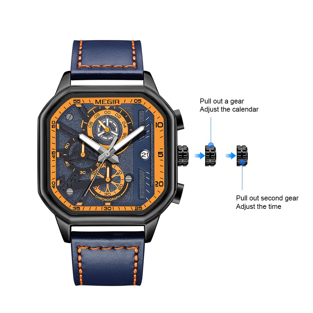 MEGIR 8106 chronograph watch crown adjustment guide graphic for setting calendar and time, blue and orange model