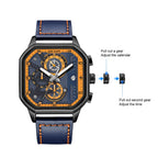 MEGIR 8106 chronograph watch crown adjustment guide graphic for setting calendar and time, blue and orange model