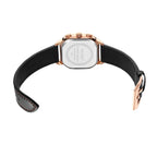MEGIR 8106 chronograph watch stainless steel caseback with black leather strap and rose-gold buckle