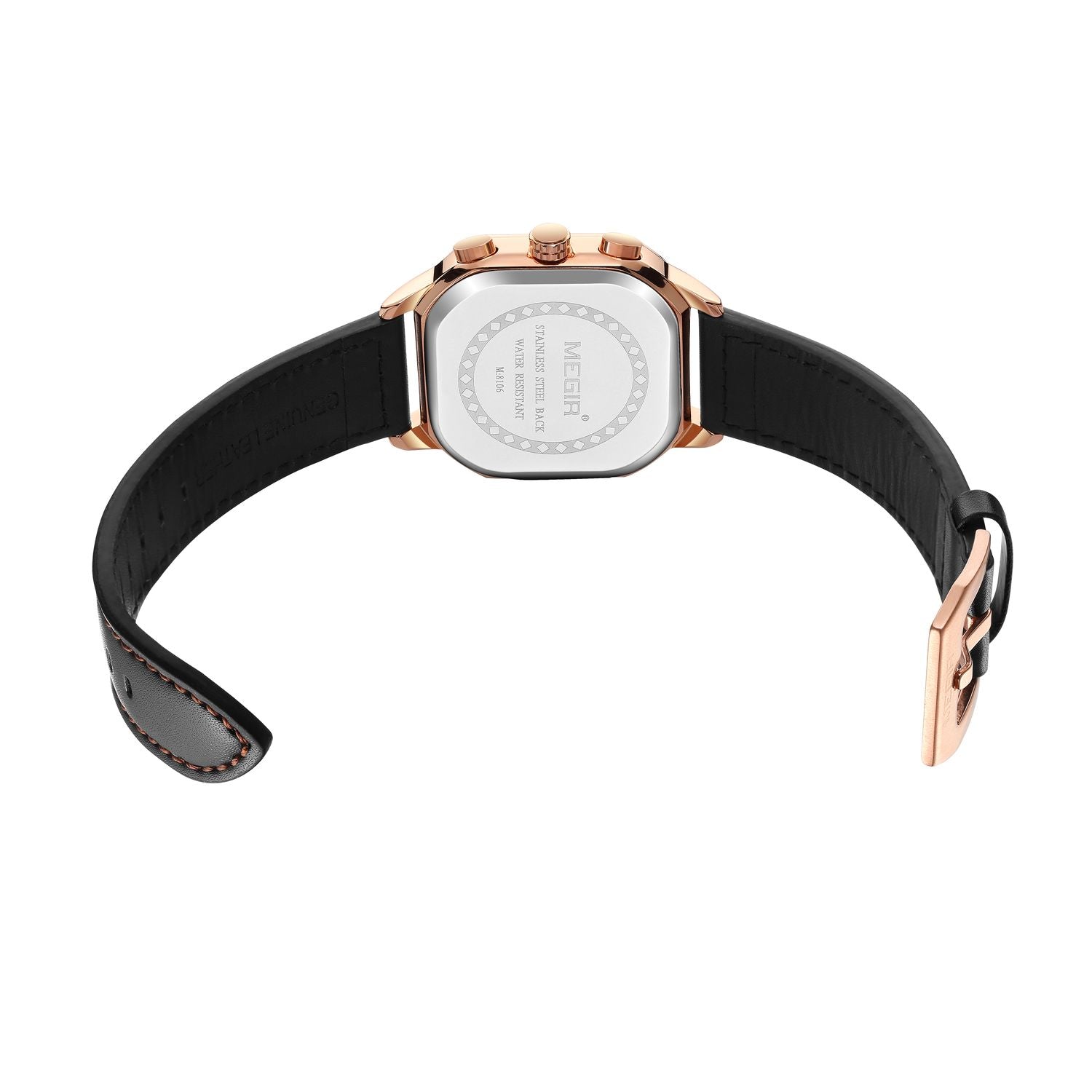 MEGIR 8106 chronograph watch stainless steel caseback with black leather strap and rose-gold buckle