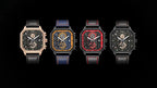 MEGIR 8106 chronograph watch color lineup showing rose-black, blue, red-black and black models on black background