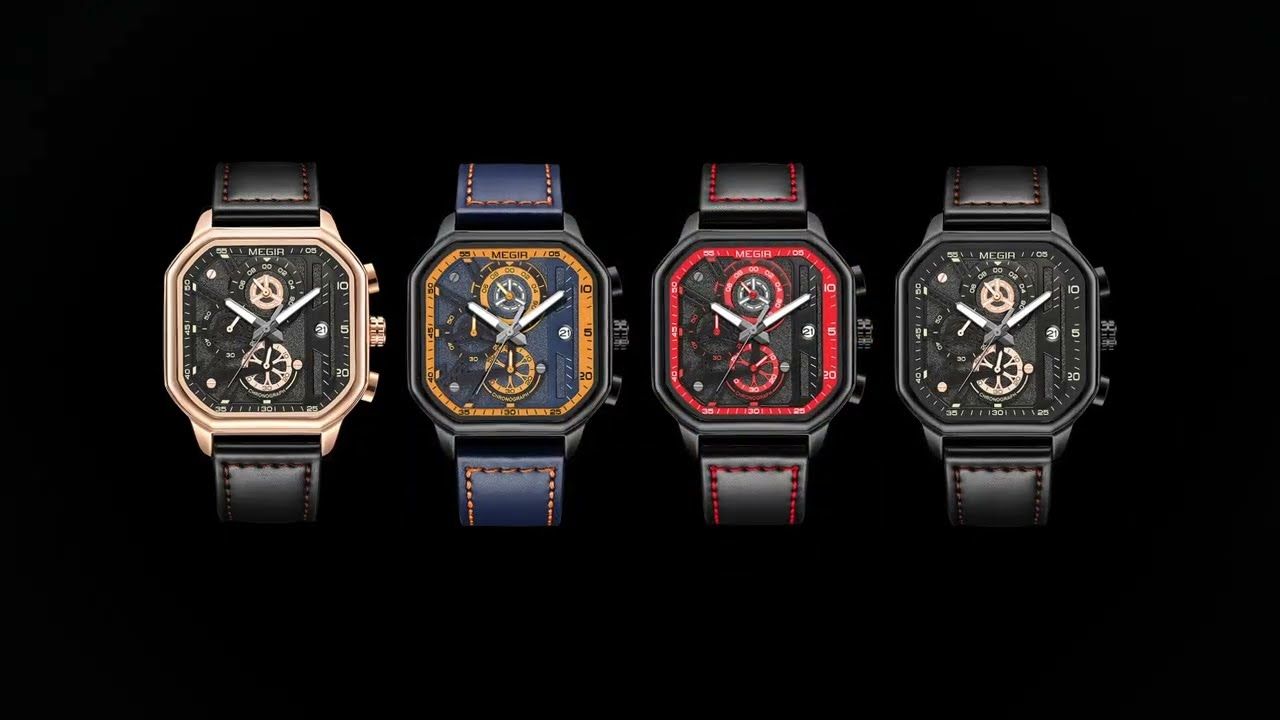 MEGIR 8106 chronograph watch color lineup showing rose-black, blue, red-black and black models on black background