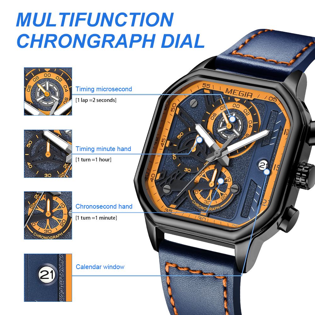 MEGIR 8106 chronograph watch multifunction dial graphic showing timing, minute, second and calendar sub-dials