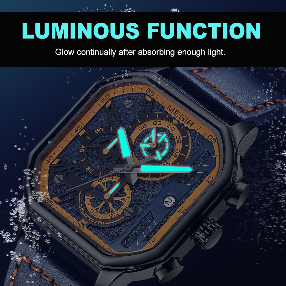 MEGIR 8106 chronograph watch luminous function feature graphic with glowing hands, blue and orange model