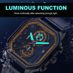 MEGIR 8106 chronograph watch luminous function feature graphic with glowing hands, blue and orange model