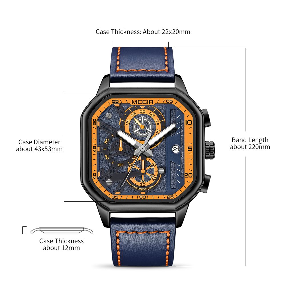 MEGIR 8106 chronograph watch parameters graphic with case size, thickness and band length, blue model
