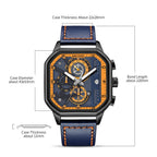 MEGIR 8106 chronograph watch parameters graphic with case size, thickness and band length, blue model