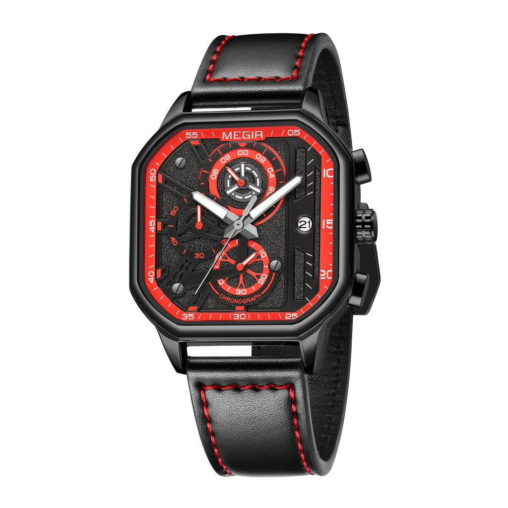 MEGIR 8106 men's chronograph watch, black case, red-accent dial with date and black leather strap, front view
