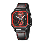 MEGIR 8106 men's chronograph watch, black case, red-accent dial with date and black leather strap, front view