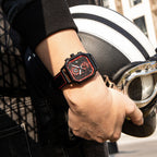 MEGIR 8106 chronograph watch on the wrist, black case, red-accent dial and black leather strap