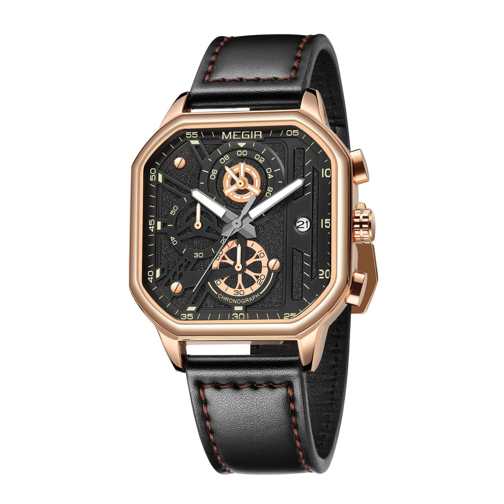 MEGIR 8106 men's chronograph watch, rose-gold case, black dial with date and black leather strap, front view