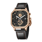 MEGIR 8106 men's chronograph watch, rose-gold case, black dial with date and black leather strap, front view