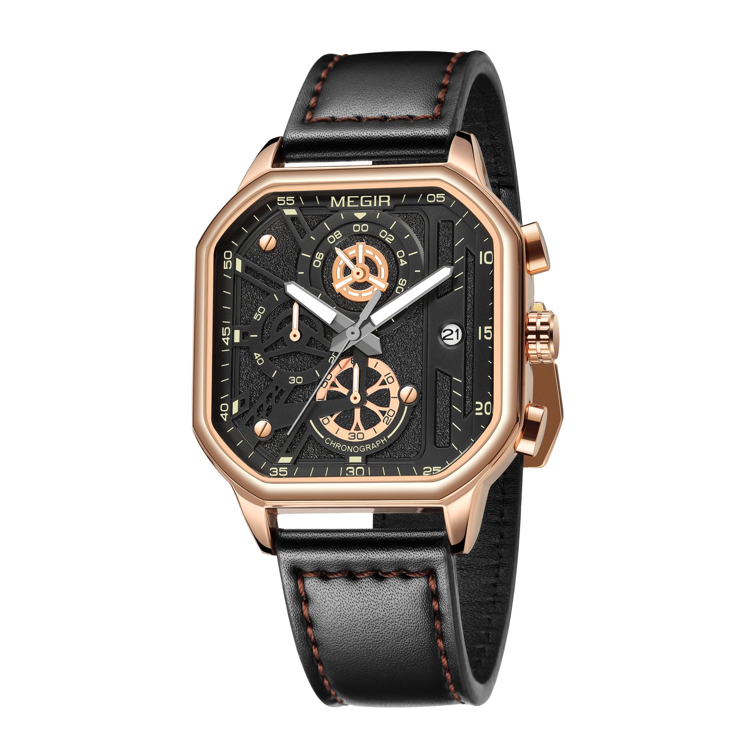 MEGIR 8106 men's chronograph watch, rose-gold case, black dial with date and black leather strap, front view