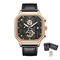 MEGIR 8106 men's chronograph watch, rose-gold case, black dial and black leather strap, front with gift box