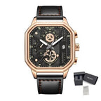 MEGIR 8106 men's chronograph watch, rose-gold case, black dial and black leather strap, front with gift box