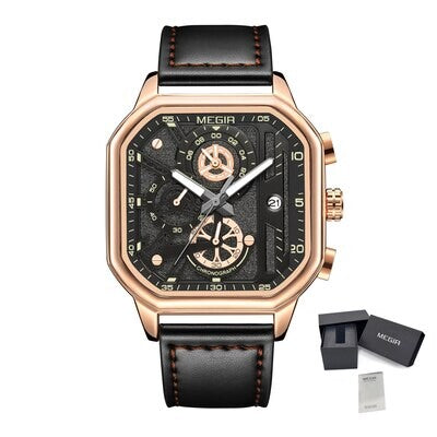 MEGIR 8106 men's chronograph watch, rose-gold case, black dial and black leather strap, front with gift box