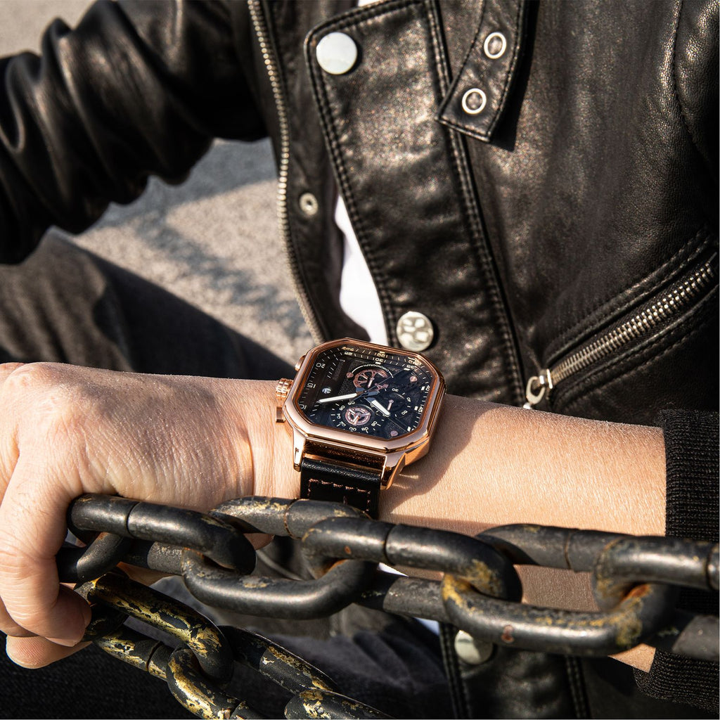 MEGIR 8106 chronograph watch on the wrist, rose-gold case, black dial and black leather strap