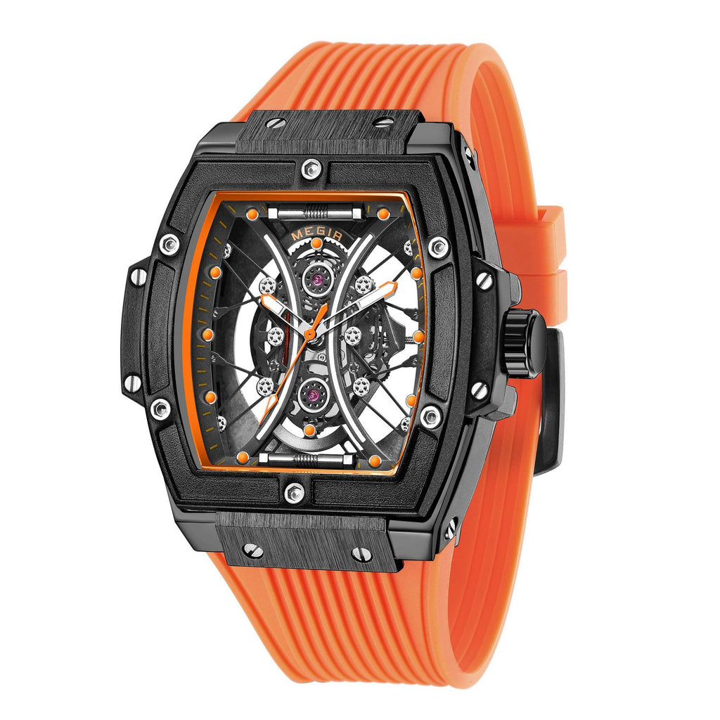 MEGIR 8109 men's skeleton quartz watch, black case, orange-accent skeleton dial and orange silicone strap, angled view