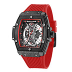 MEGIR 8109 men's skeleton quartz watch, black case, red-accent skeleton dial and red silicone strap, angled view
