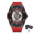 MEGIR 8109 men's skeleton quartz watch, black case, red-accent skeleton dial and red silicone strap, front with gift box