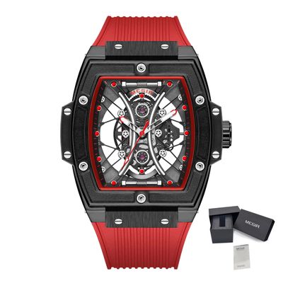MEGIR 8109 men's skeleton quartz watch, black case, red-accent skeleton dial and red silicone strap, front with gift box