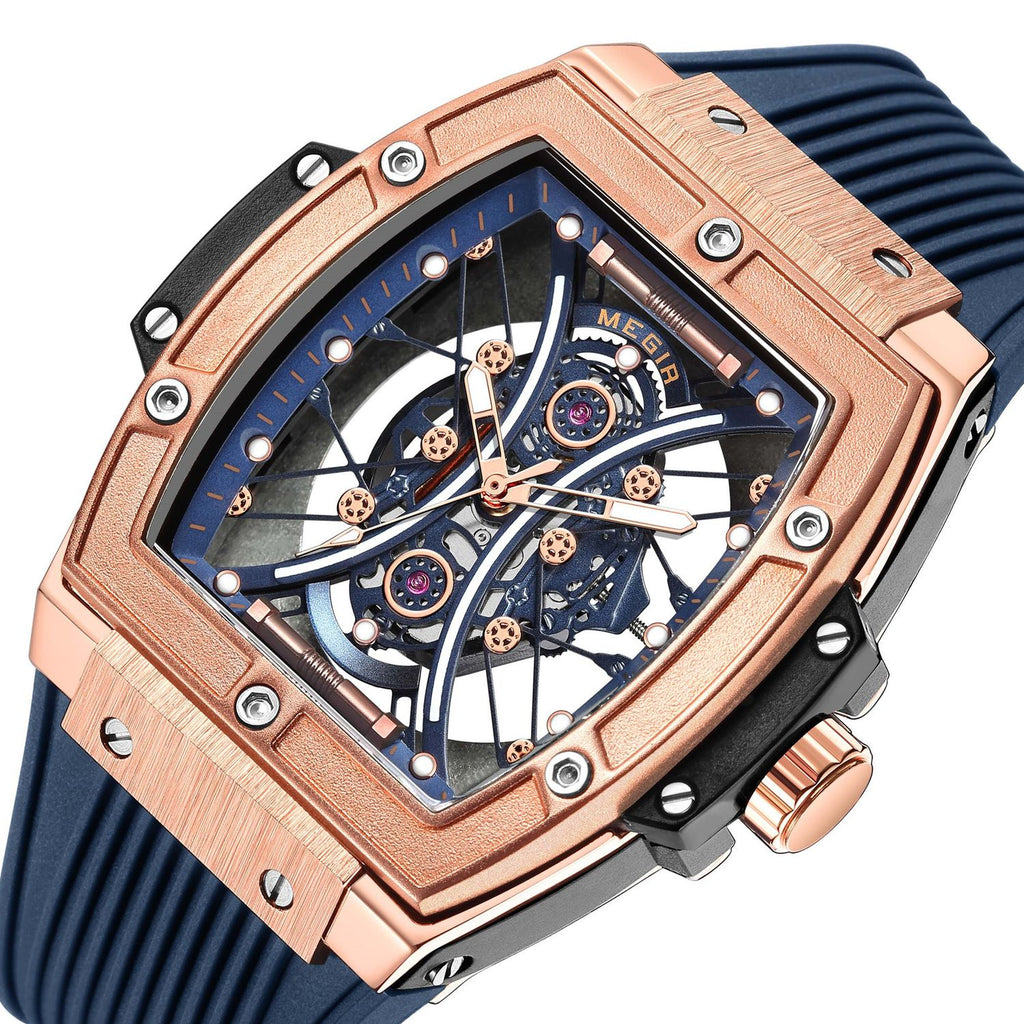 MEGIR 8109 men's skeleton quartz watch, rose-gold case, blue skeleton dial and blue silicone strap, angled view