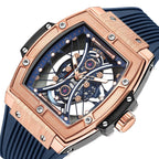 MEGIR 8109 men's skeleton quartz watch, rose-gold case, blue skeleton dial and blue silicone strap, angled view