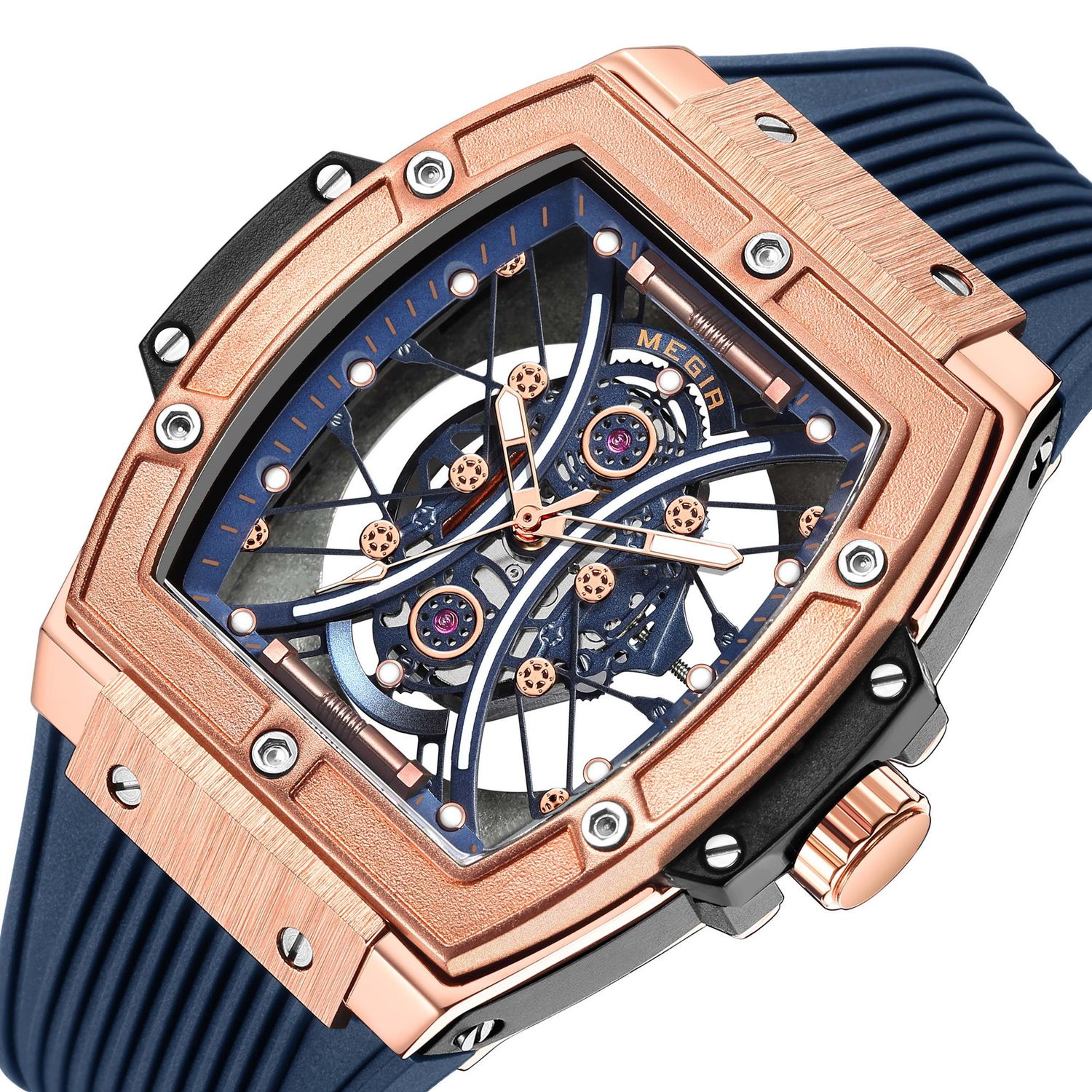MEGIR 8109 men's skeleton quartz watch, rose-gold case, blue skeleton dial and blue silicone strap, angled view