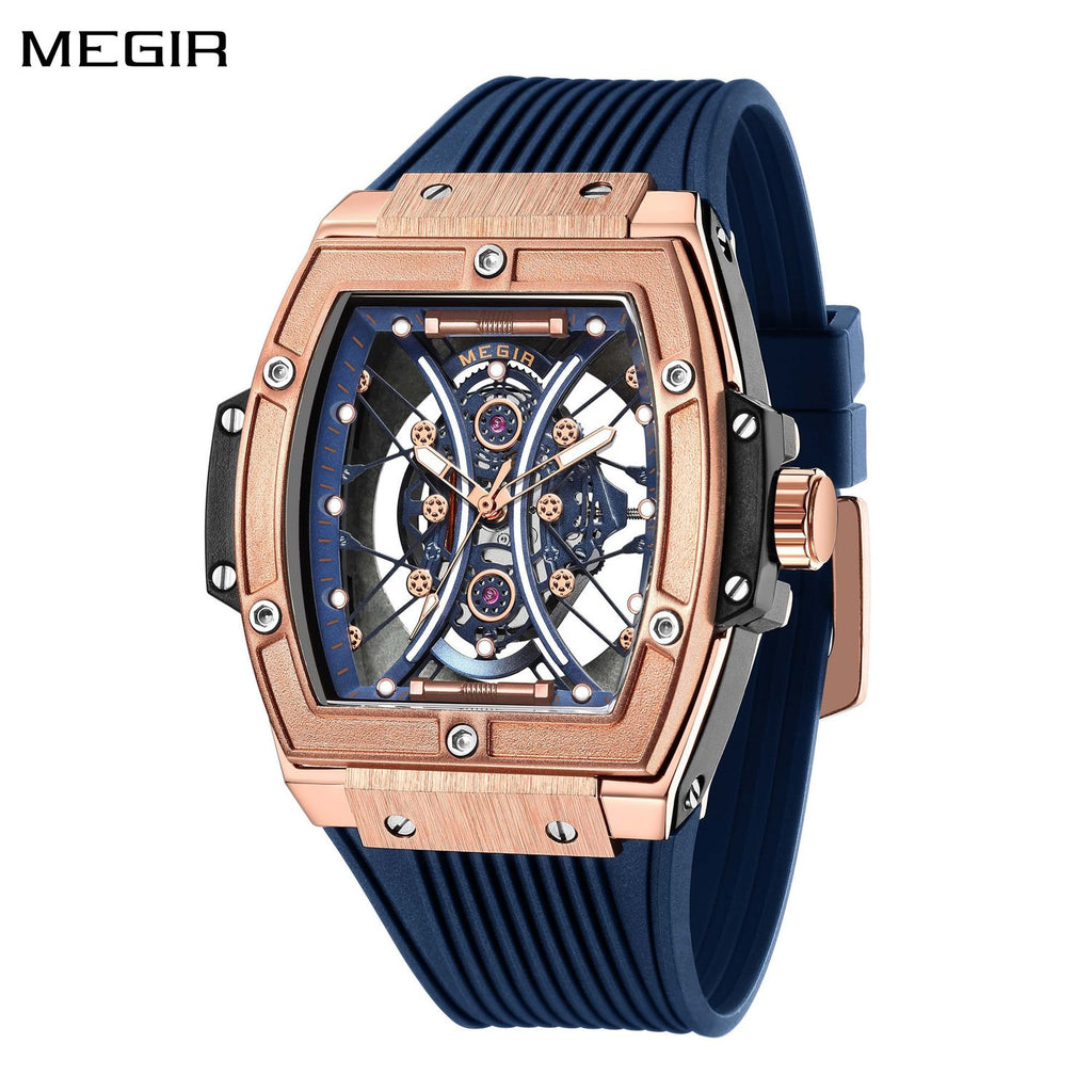 MEGIR 8109 men's skeleton quartz watch, rose-gold case, blue skeleton dial and blue silicone strap, front view