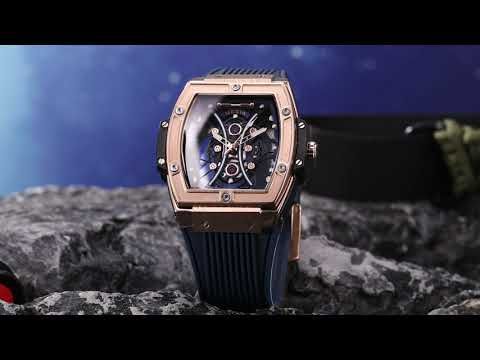 MEGIR 8109 skeleton quartz watch, rose-gold case, blue skeleton dial and blue silicone strap, displayed on rock