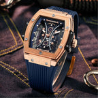 MEGIR 8109 skeleton quartz watch, rose-gold case, blue skeleton dial and blue silicone strap, styled on fabric