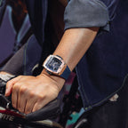 MEGIR 8109 skeleton quartz watch on the wrist, rose-gold case, blue skeleton dial and blue silicone strap