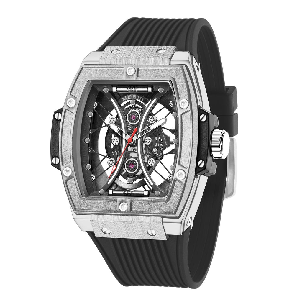 MEGIR 8109 men's skeleton quartz watch, silver case, skeleton dial and black silicone strap, angled view