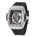 MEGIR 8109 men's skeleton quartz watch, silver case, skeleton dial and black silicone strap, angled view
