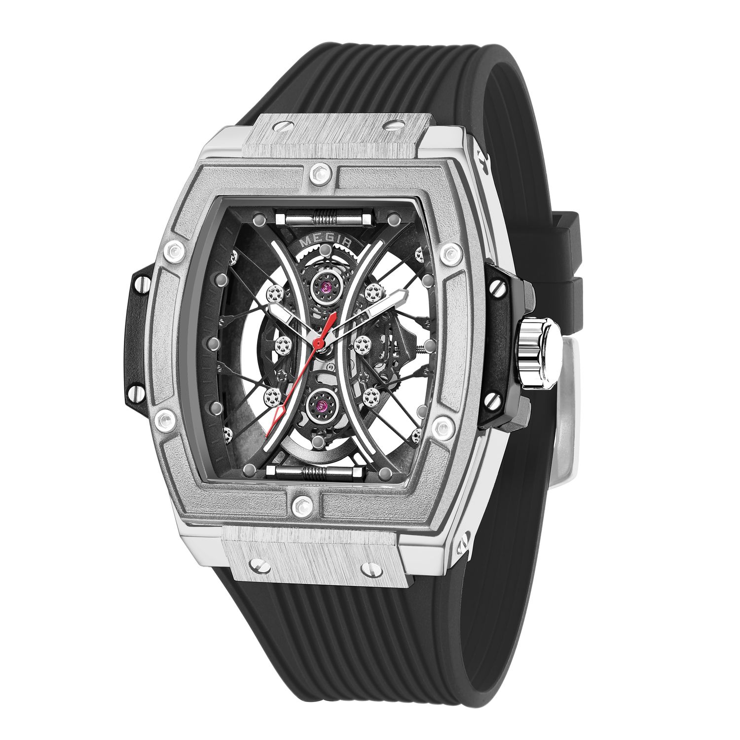 MEGIR 8109 men's skeleton quartz watch, silver case, skeleton dial and black silicone strap, angled view