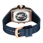 MEGIR 8109 skeleton quartz watch stainless steel caseback with exhibition window and blue silicone strap