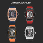 MEGIR 8109 skeleton quartz watch color display graphic showing rose-blue, black-red, black-orange and silver-black models