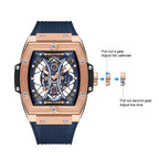 MEGIR 8109 skeleton quartz watch crown adjustment guide graphic for setting calendar and time, rose-blue model