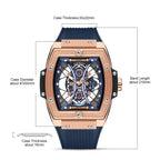 MEGIR 8109 skeleton quartz watch parameters graphic with case size, thickness and band length, rose-blue model