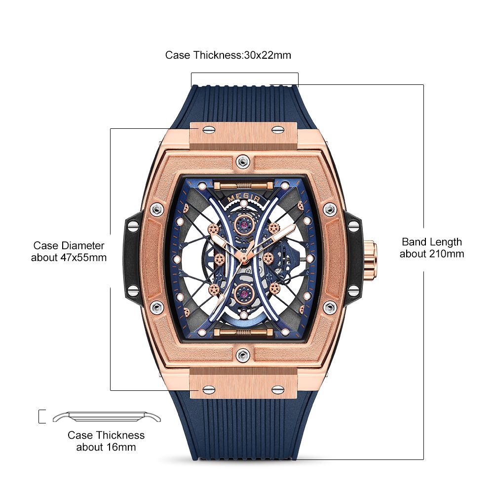 MEGIR 8109 skeleton quartz watch parameters graphic with case size, thickness and band length, rose-blue model