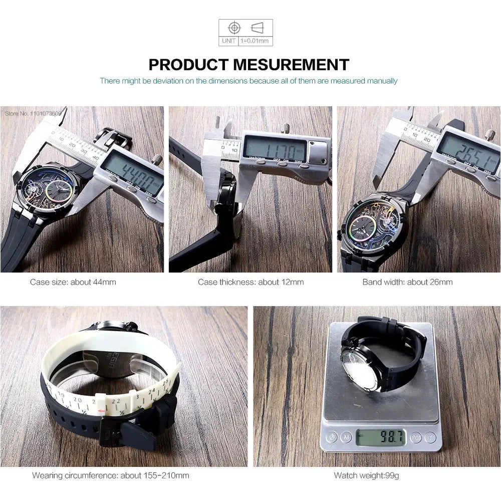 MEGIR 8111 quartz sport product measurement graphic with case 44mm thickness 12mm band 26mm and 99g weight