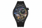 MEGIR 8111 quartz sport analog watch with black dial rainbow accents and black silicone strap front view