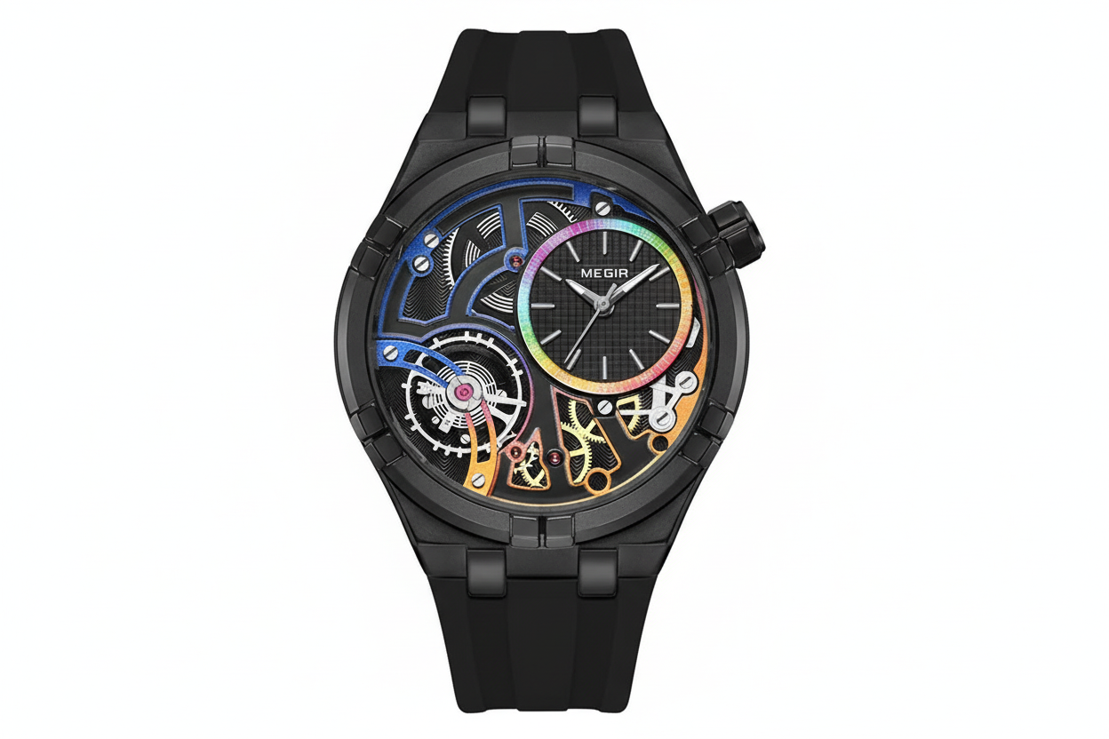 MEGIR 8111 quartz sport analog watch with black dial rainbow accents and black silicone strap front view