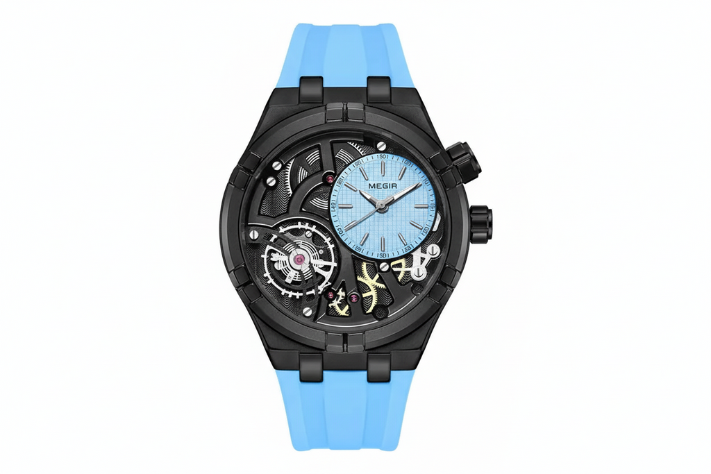 MEGIR 8111 quartz sport analog watch with light blue dial and light blue silicone strap front view