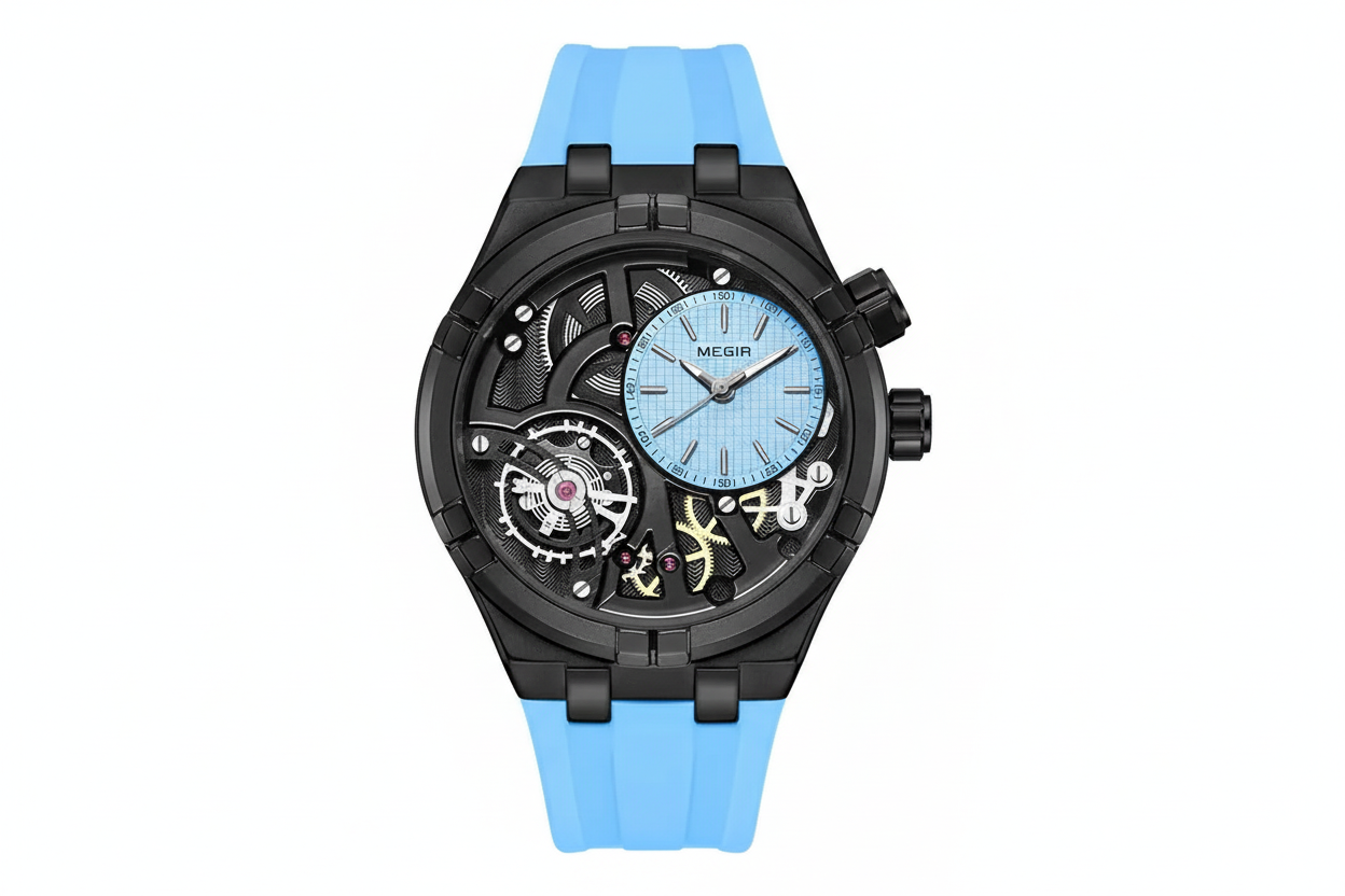 MEGIR 8111 quartz sport analog watch with light blue dial and light blue silicone strap front view