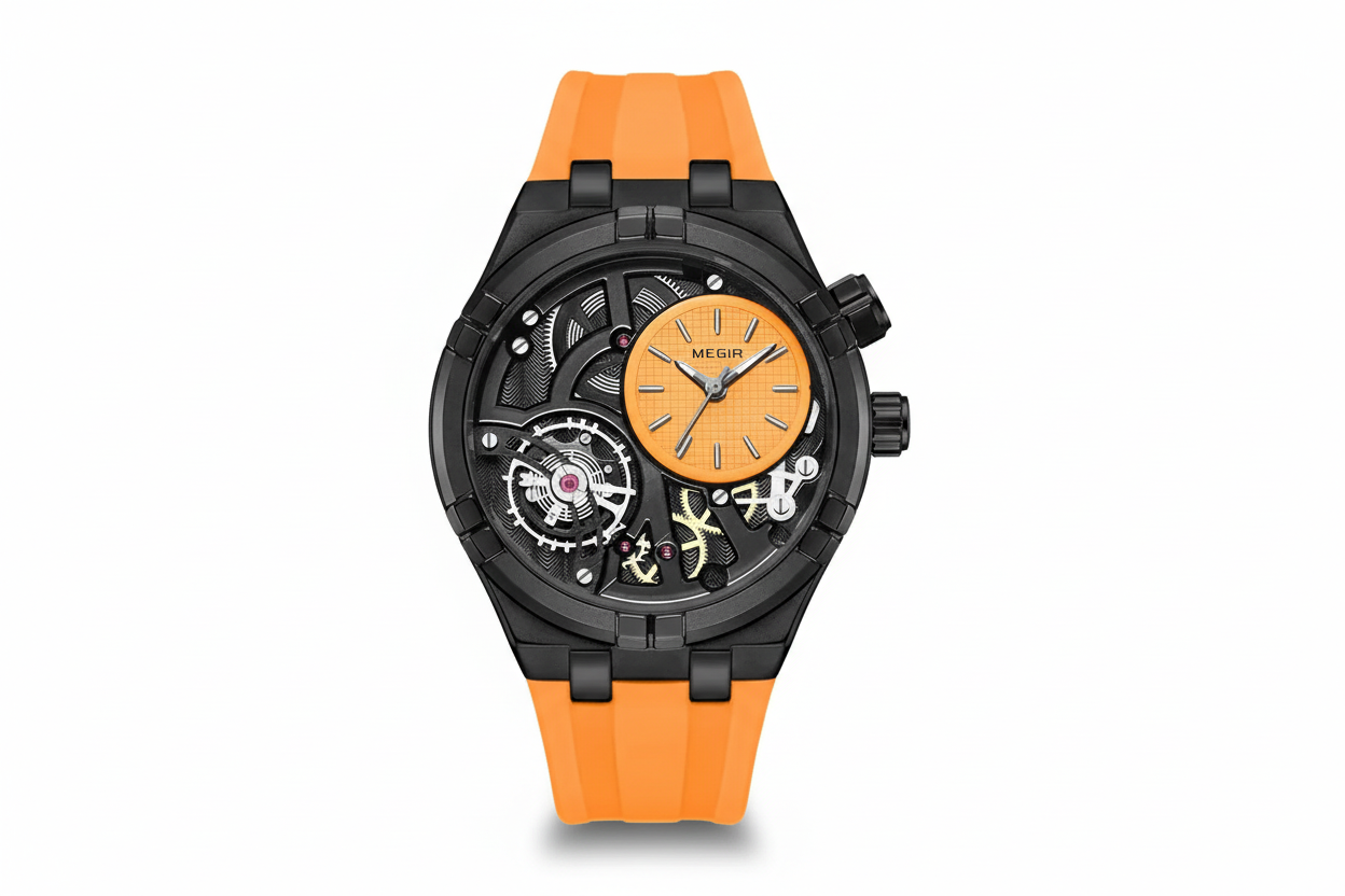 MEGIR 8111 quartz sport analog watch with orange dial and orange silicone strap front view