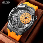 MEGIR 8111 mens quartz sport analog watch with skeleton dial and orange silicone strap