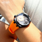 MEGIR 8111 mens quartz sport analog watch with skeleton dial and orange strap on wrist