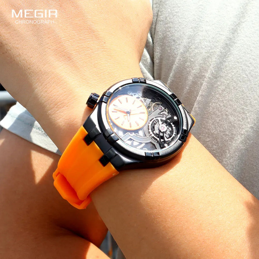 MEGIR 8111 mens quartz sport analog watch with skeleton dial and orange strap on wrist