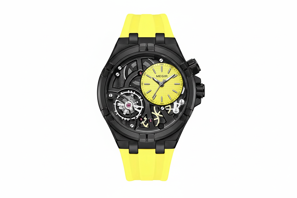 MEGIR 8111 quartz sport analog watch with yellow dial and yellow silicone strap front view